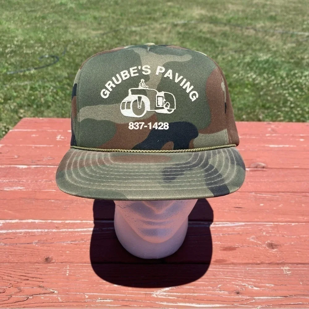 Vintage Grube’s Paving Camouflage Snap Back Trucker Hat Rope Lapel 90s Green